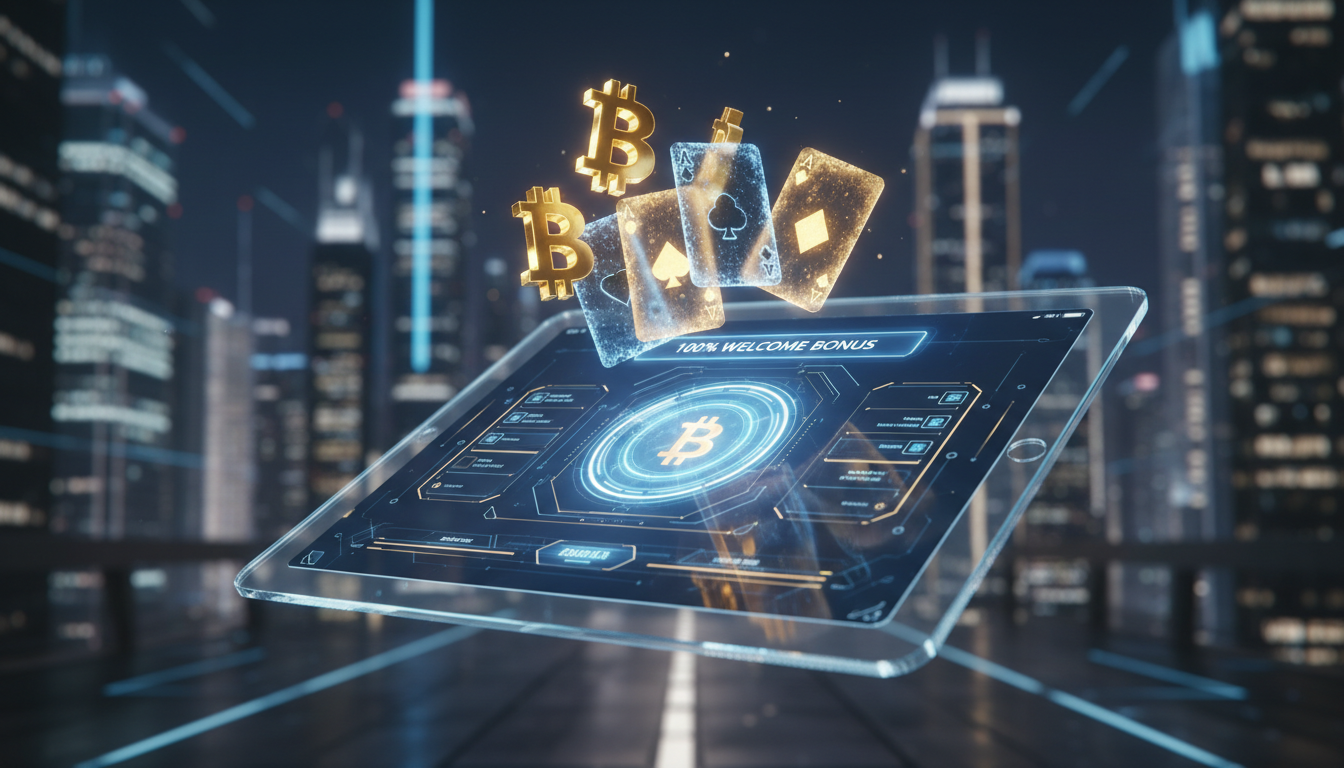 Sleek digital casino interface showing Bitcoin bonus rewards and 3D playing cards