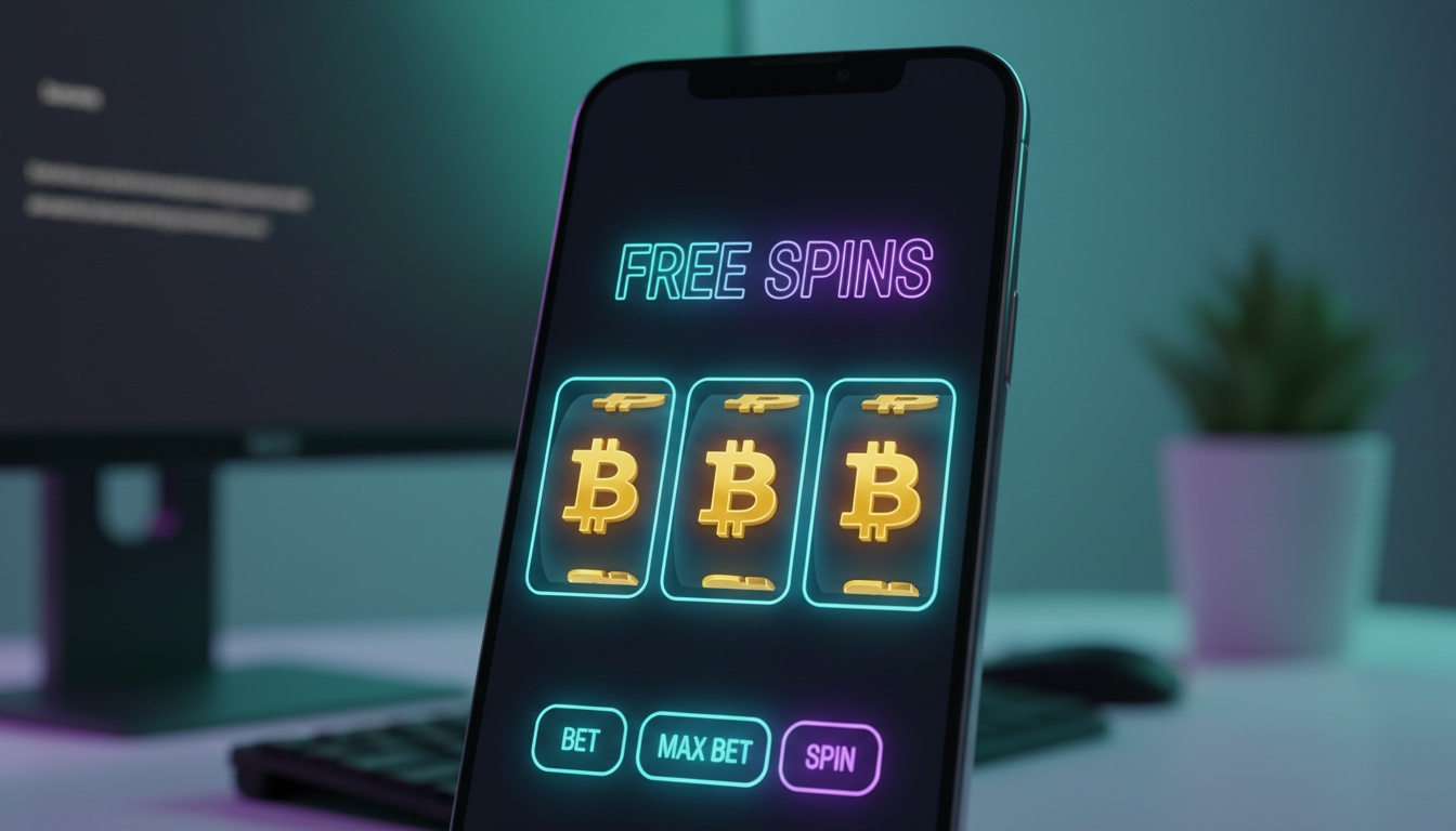 A modern smartphone screen displaying a vibrant Bitcoin casino free spins interface with neon accents