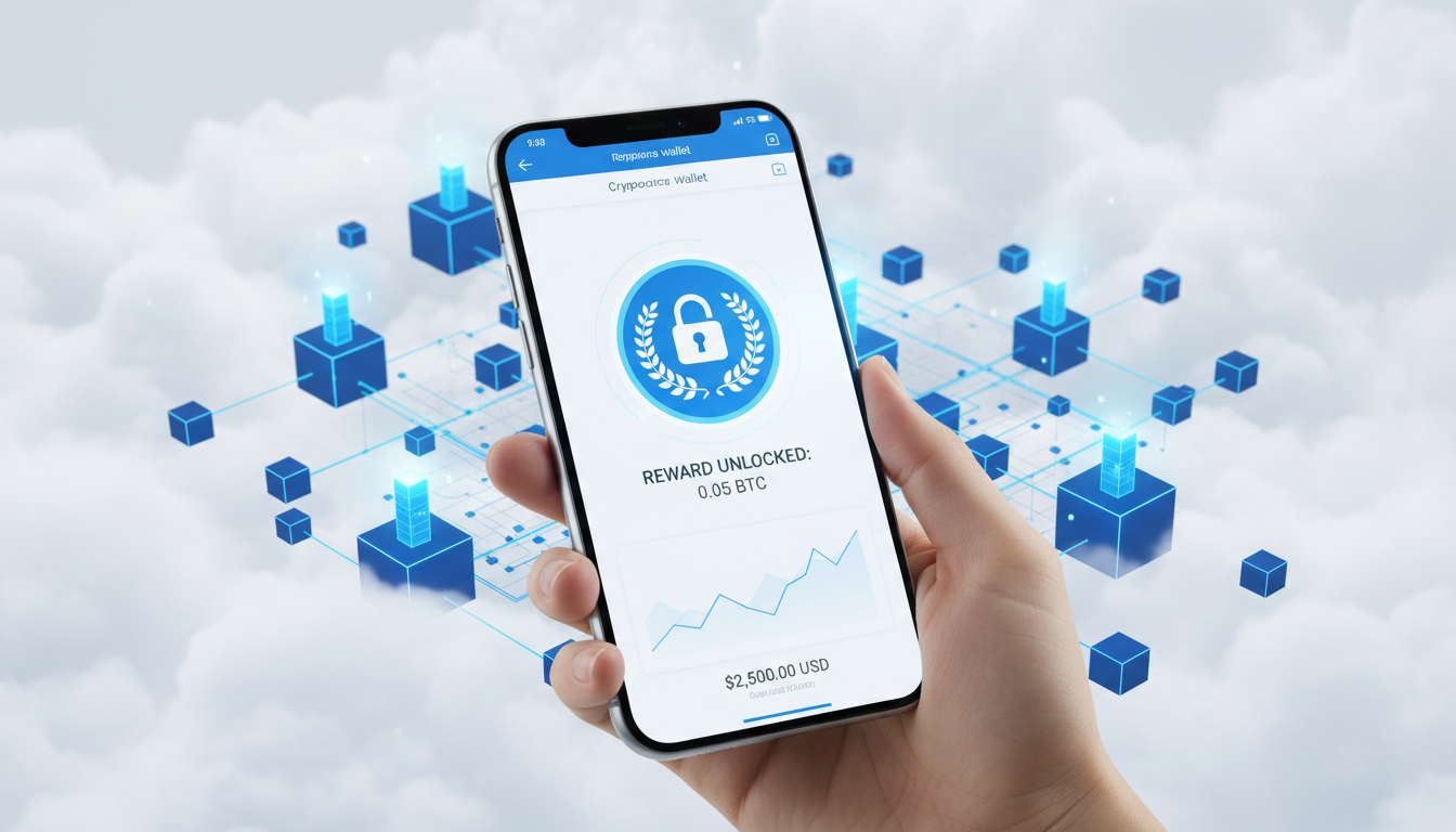 A digital representation of cryptocurrency rewards being instantly unlocked and transferred to a digital wallet